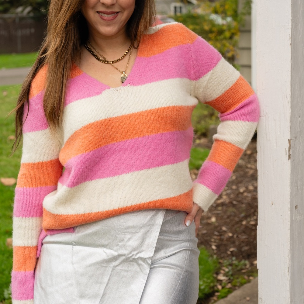 Olivaceous V-Neck Sweater - Pink, Orange, and Cream